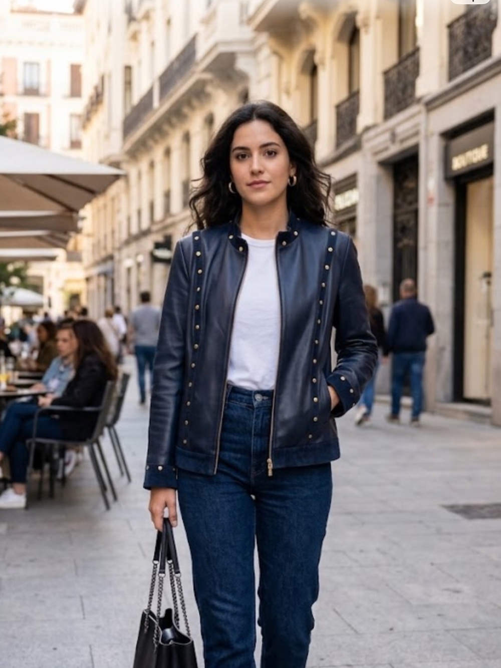 ST JOHN SPORT.    Women Navy Leather Stud-Trim Zip Jacket
